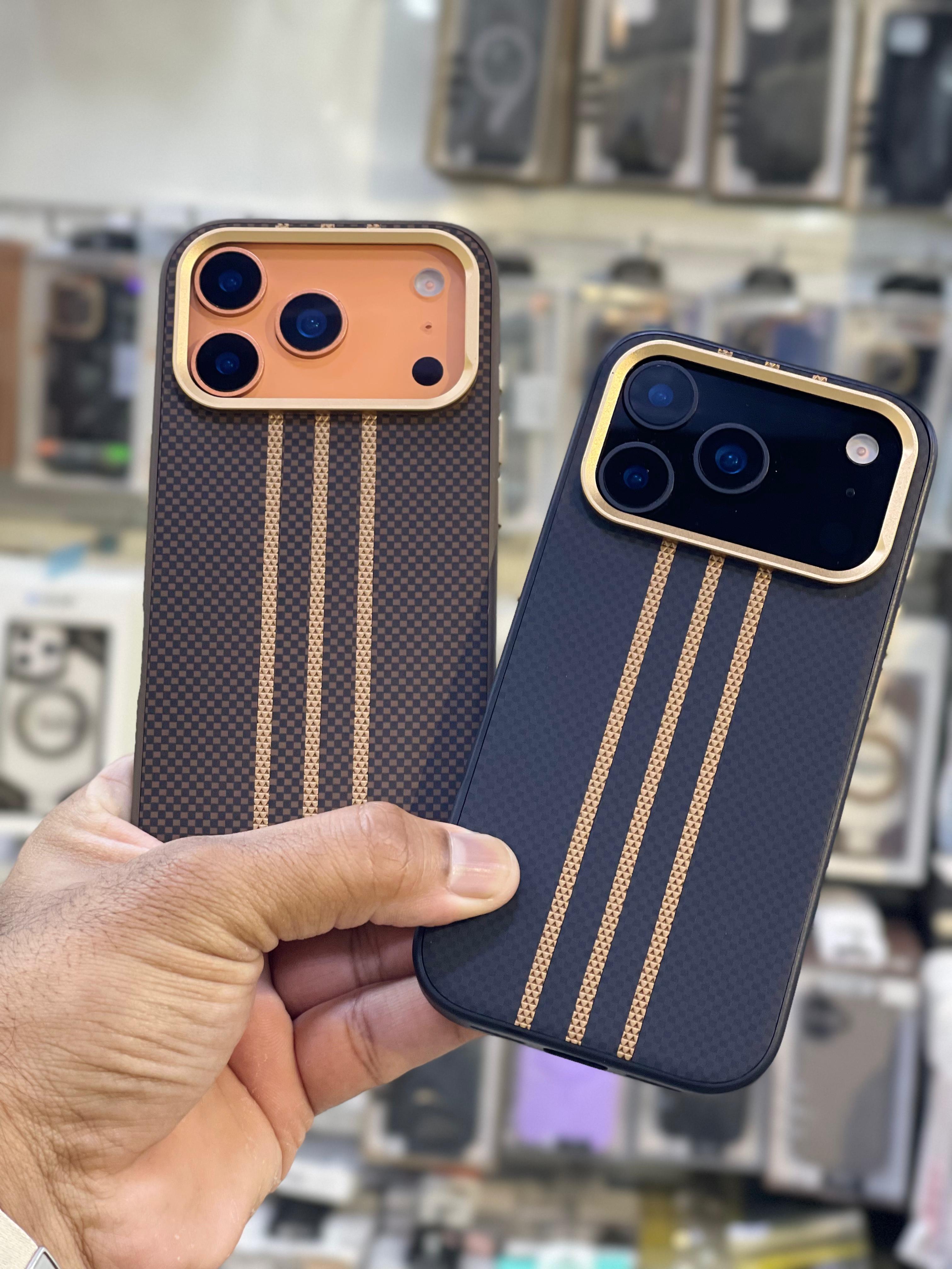 Luxury Carbon Fiber Stripe Case with Golden Camera Ring for iPhone 17 / 17 Air / 17 Pro / 17 Pro Max