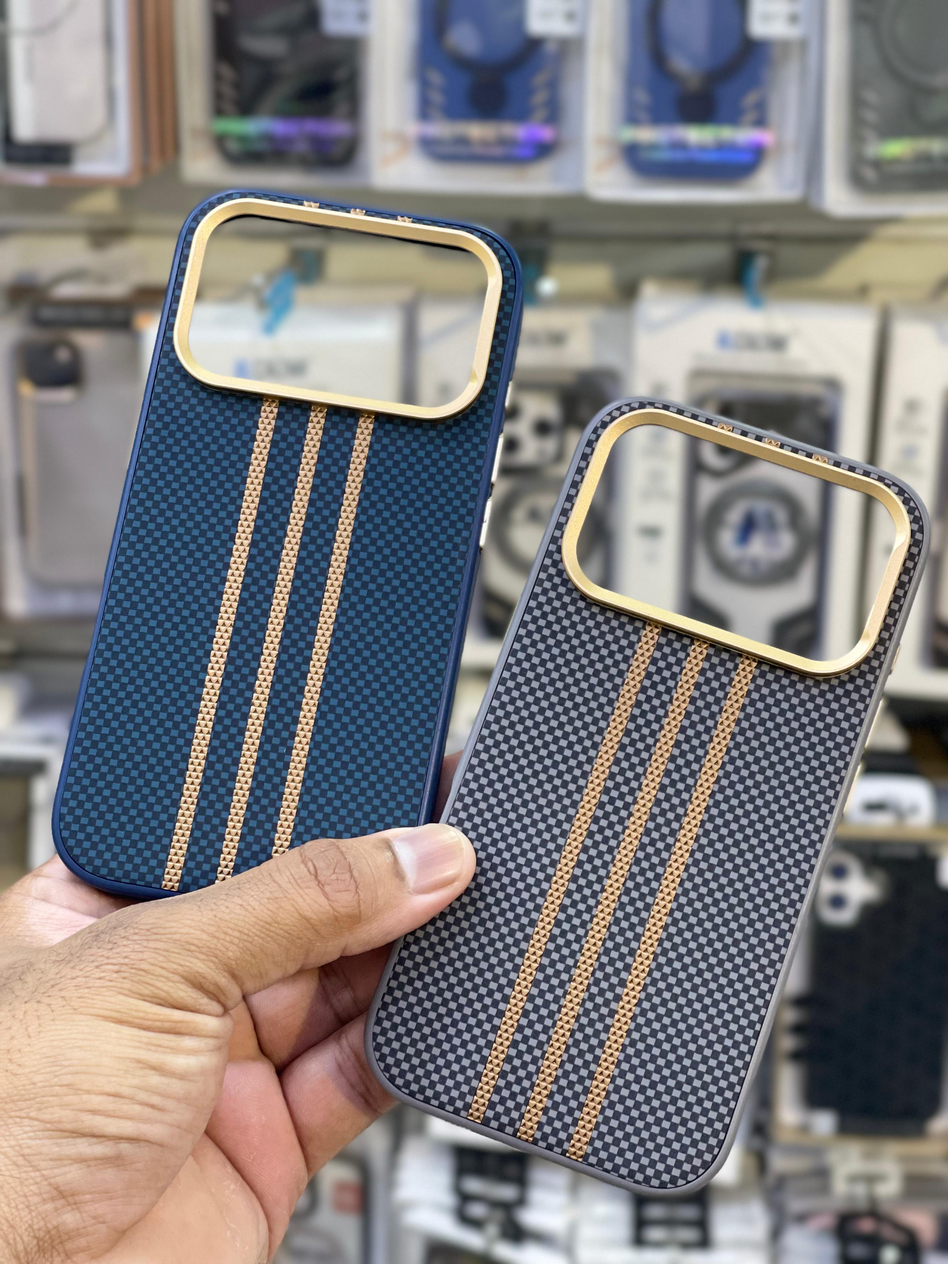 Luxury Carbon Fiber Stripe Case with Golden Camera Ring for iPhone 17 / 17 Air / 17 Pro / 17 Pro Max